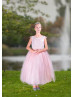 Pink Lace Tulle V Back Ankle Length Flower Girl Dress Pink Lace Tulle V Back Ankle Length Flower Girl Dress